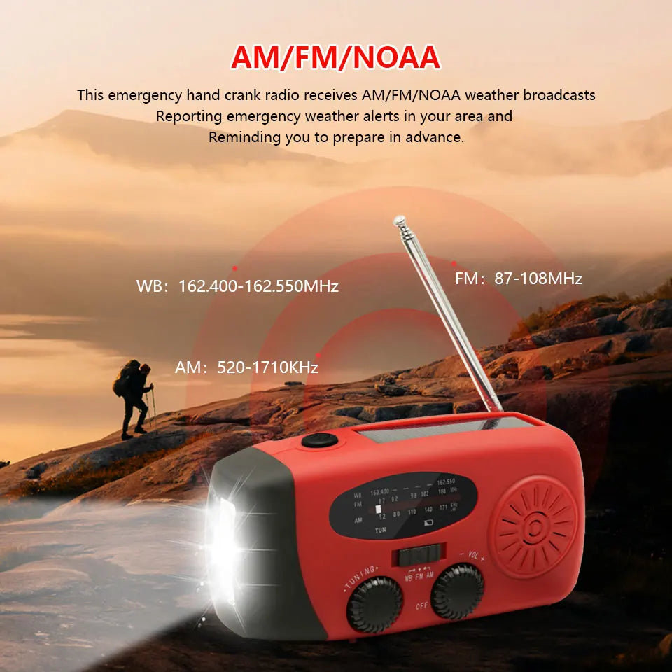 2000mAh Emergency Crank Weather Radio FM/AM Solar Radio Portable Radio with 1W 3Modes LED Flashlight for Camping Hiking