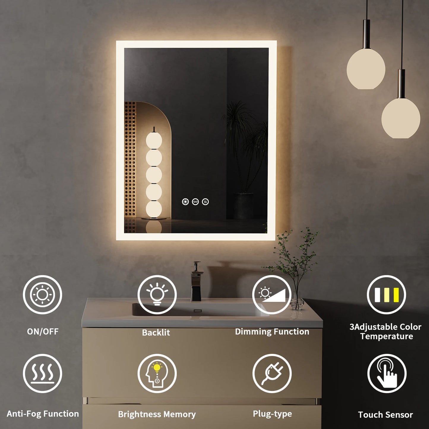 16x20 Zoll Badezimmerspiegel mit LED-Beleuchtung und Antibeschlagschutz, Kosmetikspiegel zur Wandmontage mit Smart-Touch-Taste, Memory-Funktion