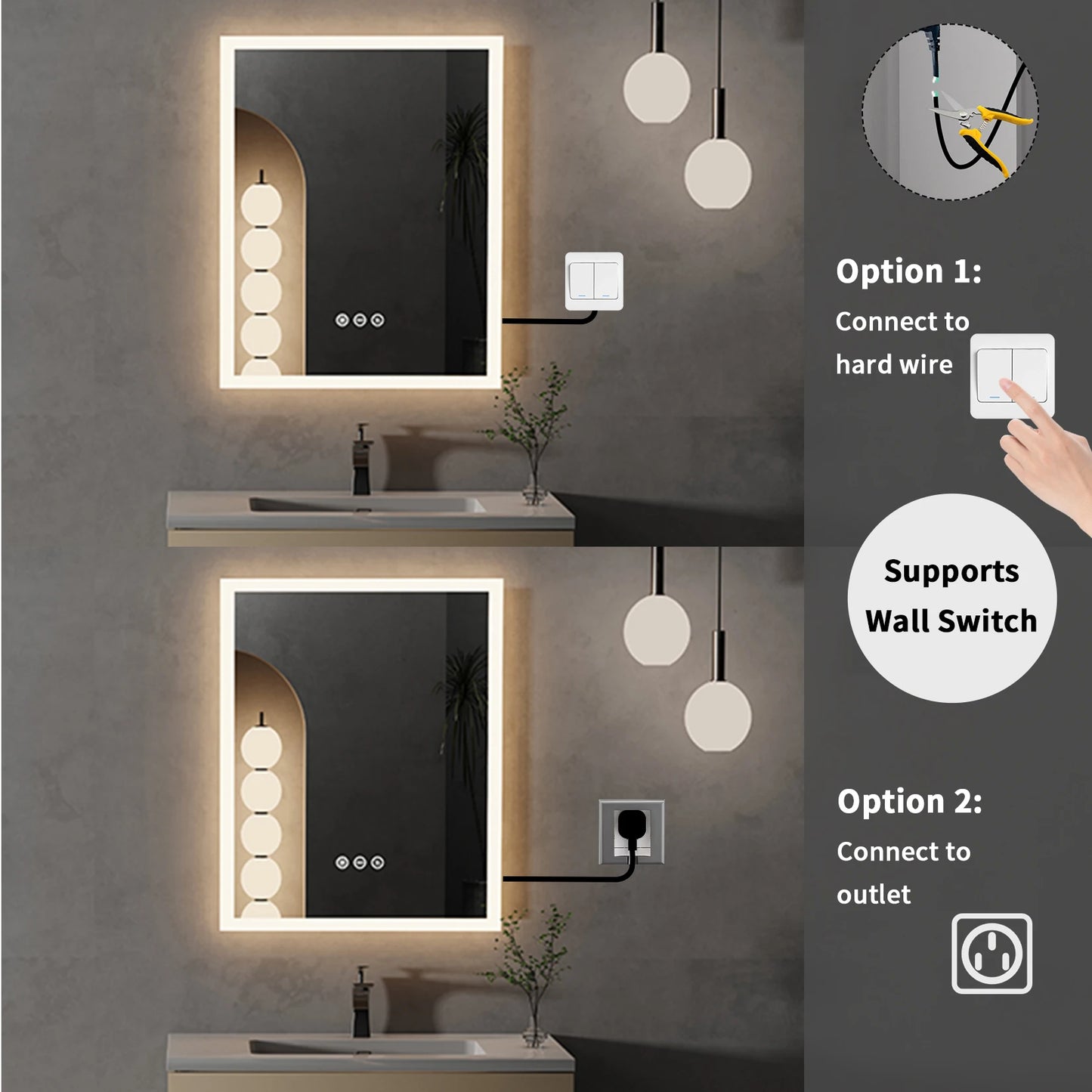 16x20 Zoll Badezimmerspiegel mit LED-Beleuchtung und Antibeschlagschutz, Kosmetikspiegel zur Wandmontage mit Smart-Touch-Taste, Memory-Funktion