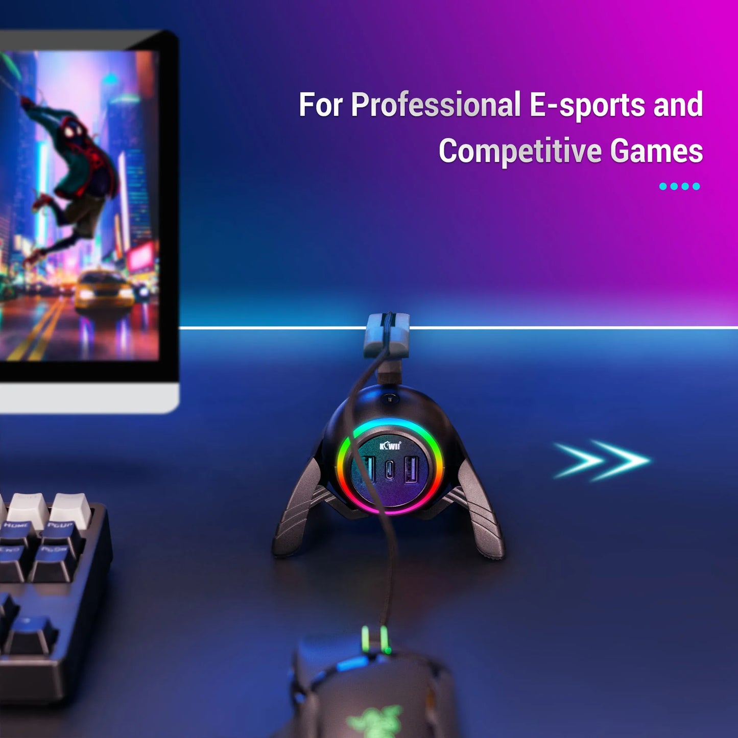 RGB Light Mouse Cable Holder Cord Clip Wire Organizer With 3 USB Ports