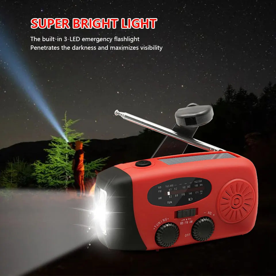 2000mAh Emergency Crank Weather Radio FM/AM Solar Radio Portable Radio with 1W 3Modes LED Flashlight for Camping Hiking