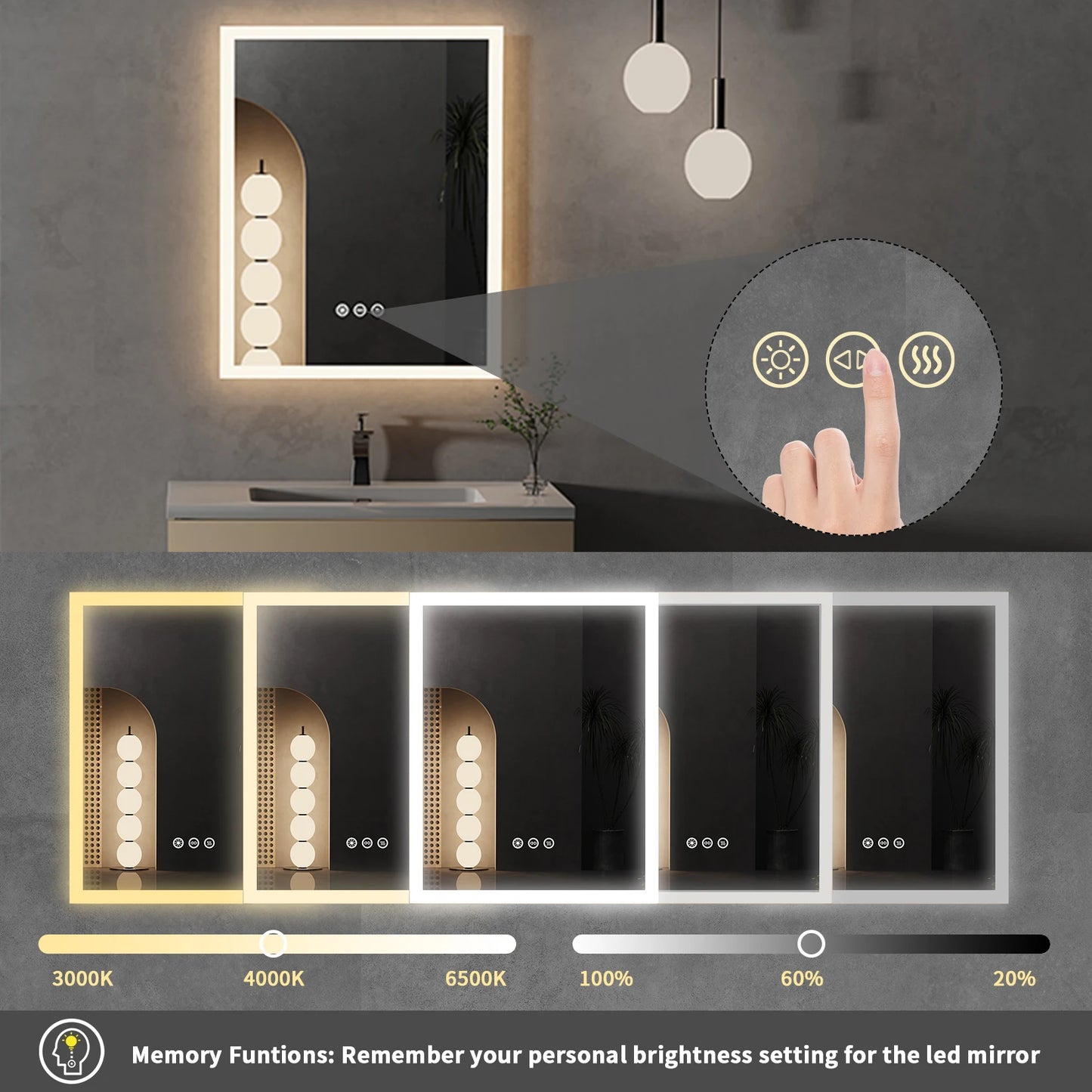 16x20 Zoll Badezimmerspiegel mit LED-Beleuchtung und Antibeschlagschutz, Kosmetikspiegel zur Wandmontage mit Smart-Touch-Taste, Memory-Funktion