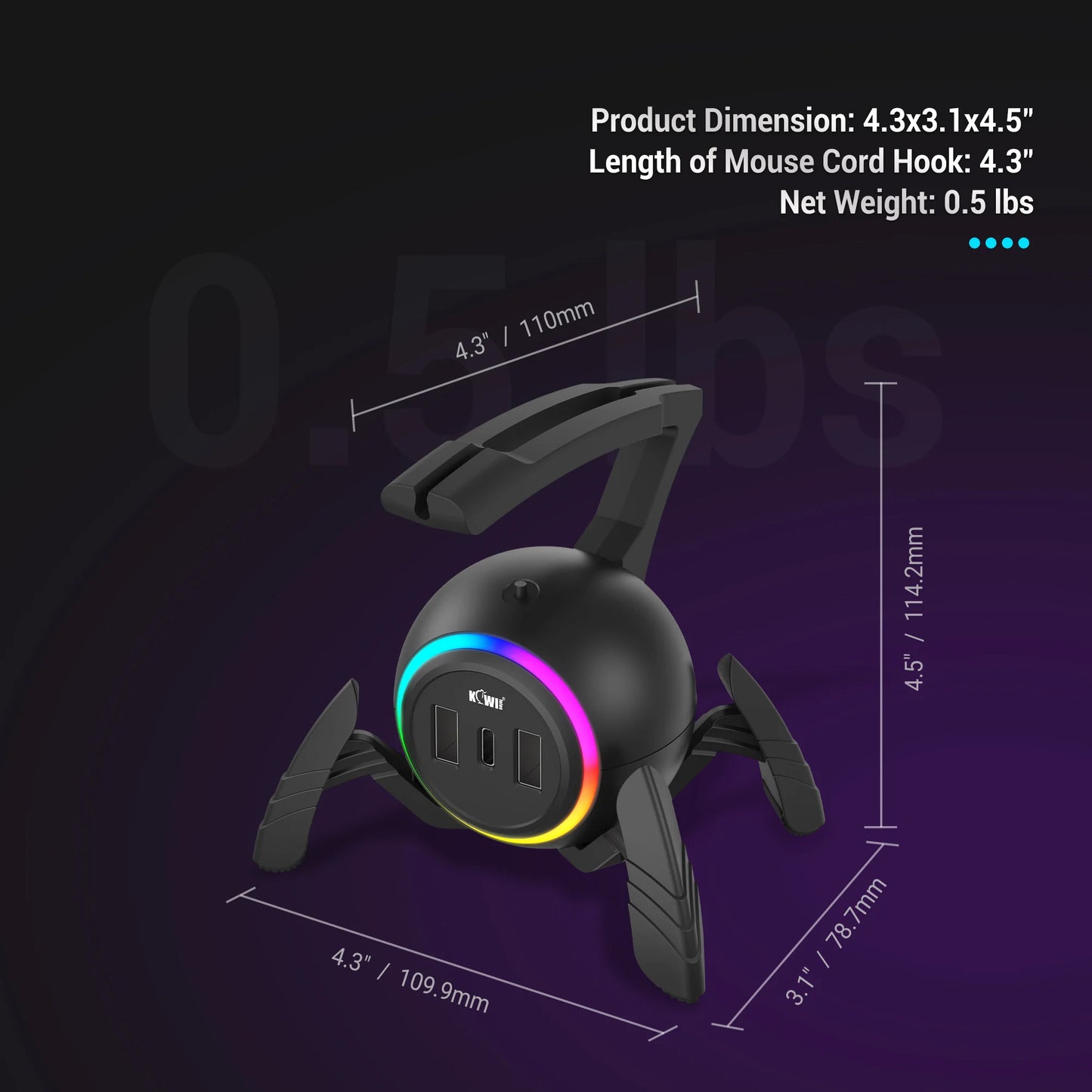 RGB Light Mouse Cable Holder Cord Clip Wire Organizer With 3 USB Ports