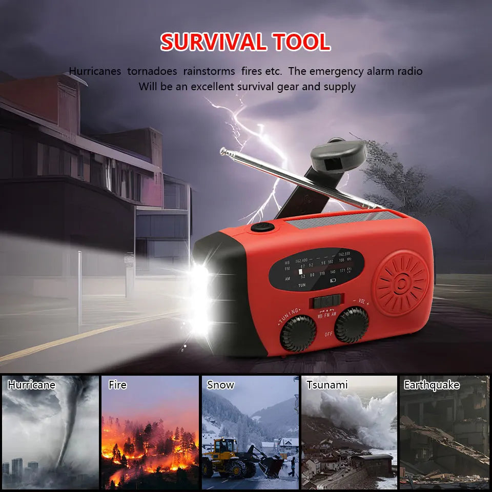 2000mAh Emergency Crank Weather Radio FM/AM Solar Radio Portable Radio with 1W 3Modes LED Flashlight for Camping Hiking
