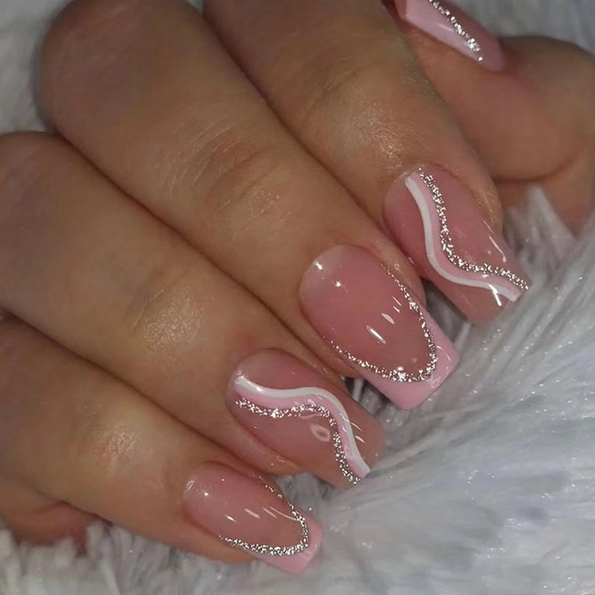 24 pieces of medium European style powder, sweet and sparkling pink lines, wearing nail pads&1 rubbing strip&1 jelly gel