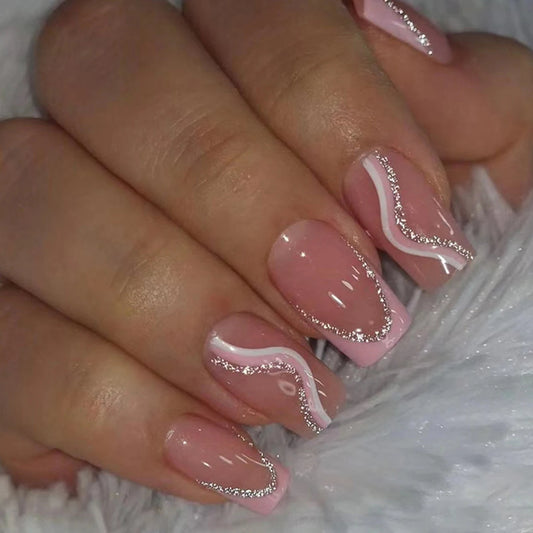 24 pieces of medium European style powder, sweet and sparkling pink lines, wearing nail pads&1 rubbing strip&1 jelly gel