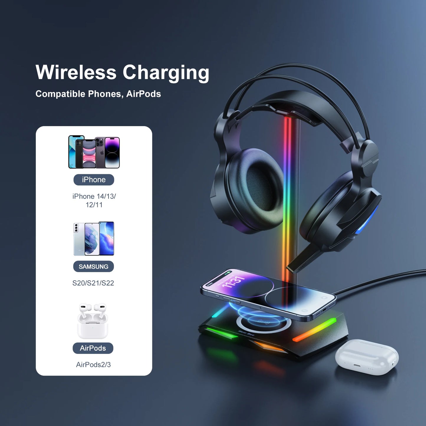 wireless charging RGB Headset Stand Holder for most headphones