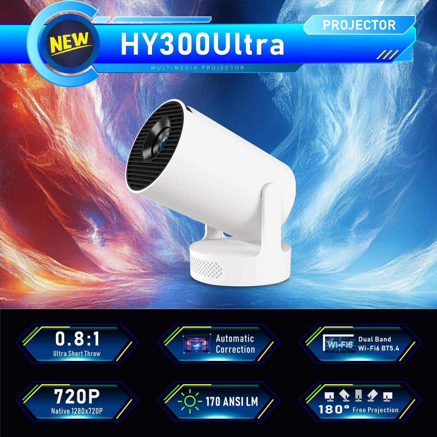 HY300 UItra Projector Android 11 BT5.4 720P Portable Home Outdoor Speaker Theater 180° Flexible Wifi Mini Projectors Movie