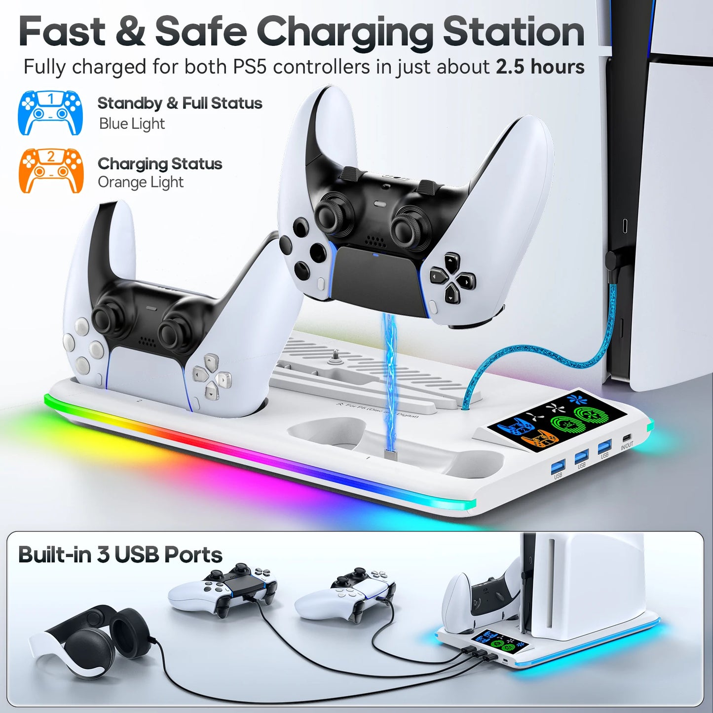 PS5 Stand with Cooling Fan, Headphone Hook & Gaming Controller Charging Station