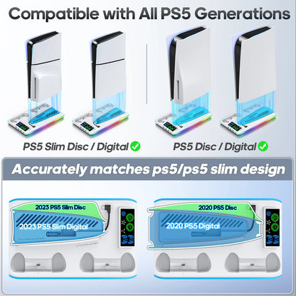 PS5 Stand with Cooling Fan, Headphone Hook & Gaming Controller Charging Station