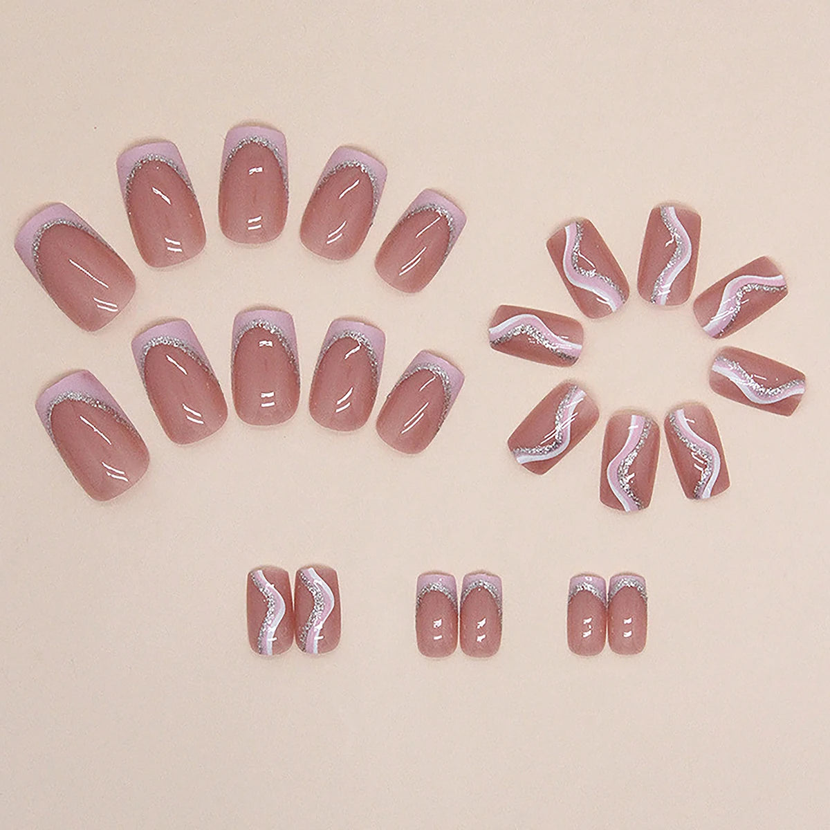24 pieces of medium European style powder, sweet and sparkling pink lines, wearing nail pads&1 rubbing strip&1 jelly gel