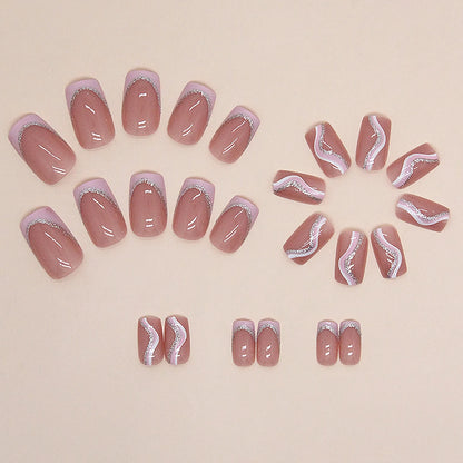 24 pieces of medium European style powder, sweet and sparkling pink lines, wearing nail pads&1 rubbing strip&1 jelly gel