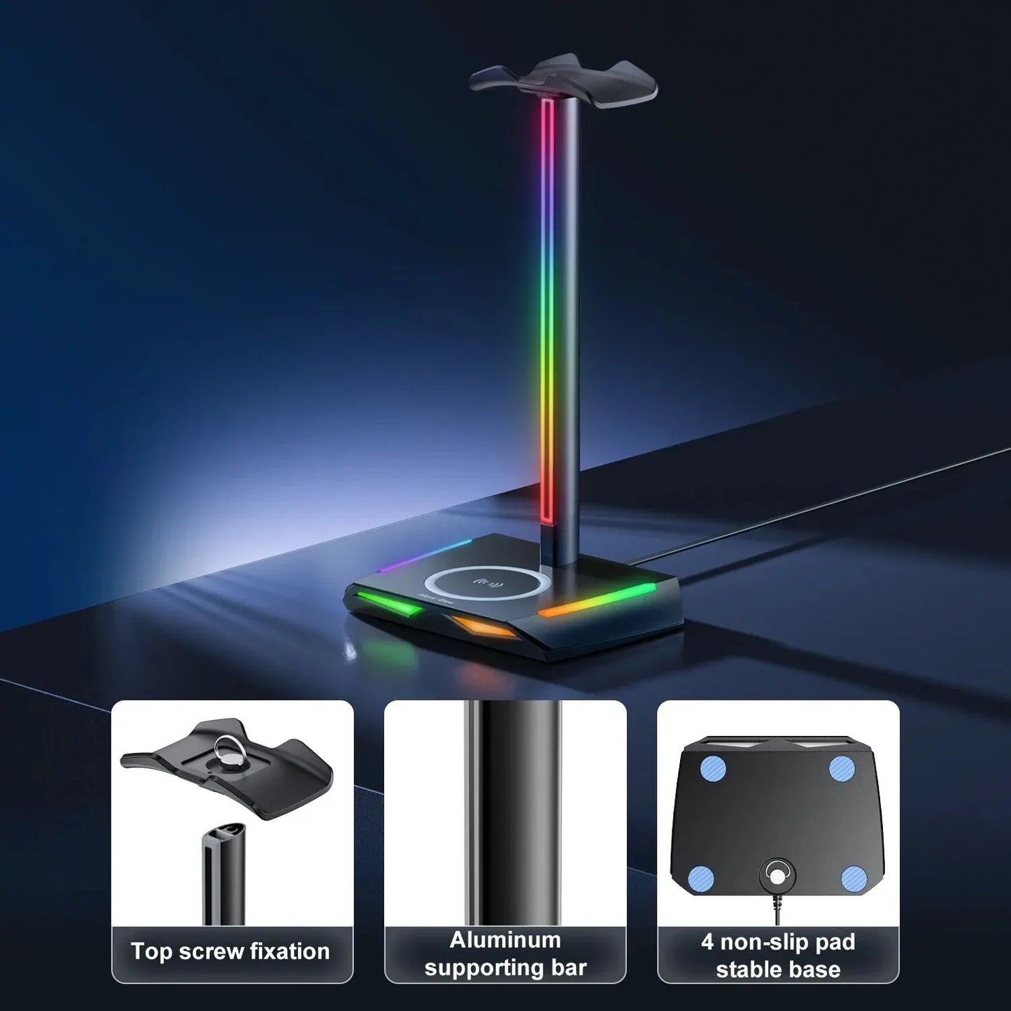 RGB Headset Stand Gaming Holder with Wireless Charger Base