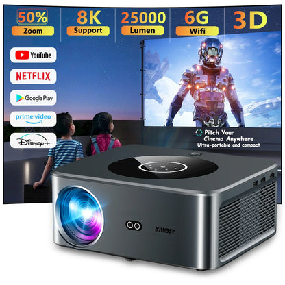 25000 Lumens Android 4K LED Projector 800ANSI WiFi6 Bluetooth Projector