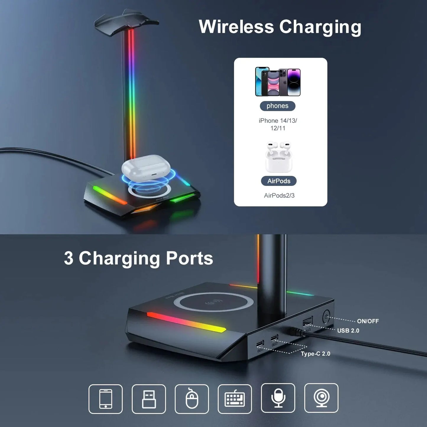 RGB Headset Stand Gaming Holder with Wireless Charger Base