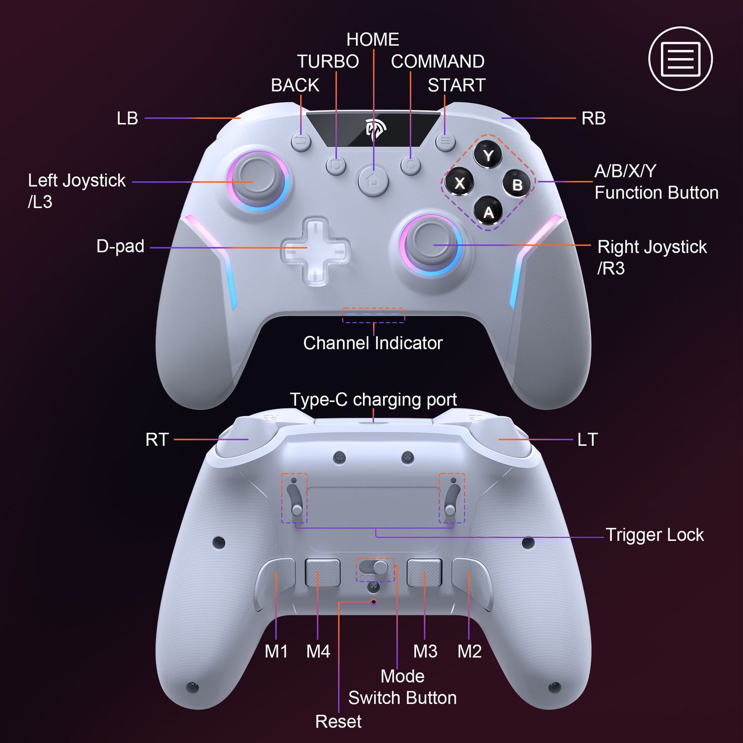 Wireless Gaming Controller with RGB Backlit